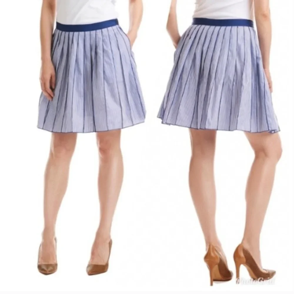NWT Vineyard Vines Poplin Stripe Pleated A-Line Stripe Skirt Size 0 Blue White